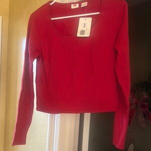 Levi's Red Ribbed Crop Long Sleeve Blouse